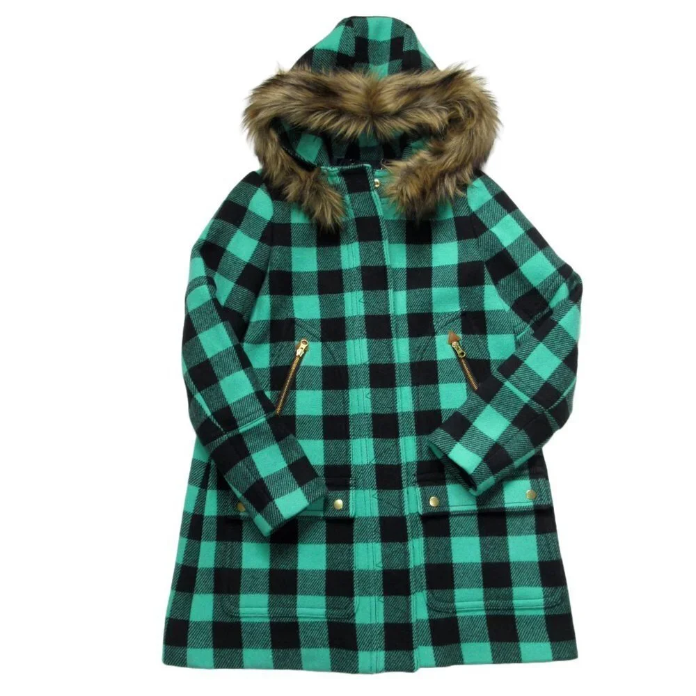 NWT J.Crew Chateau Parka in Black Neon Emerald Buffalo Check Stadium Wool Coat 2